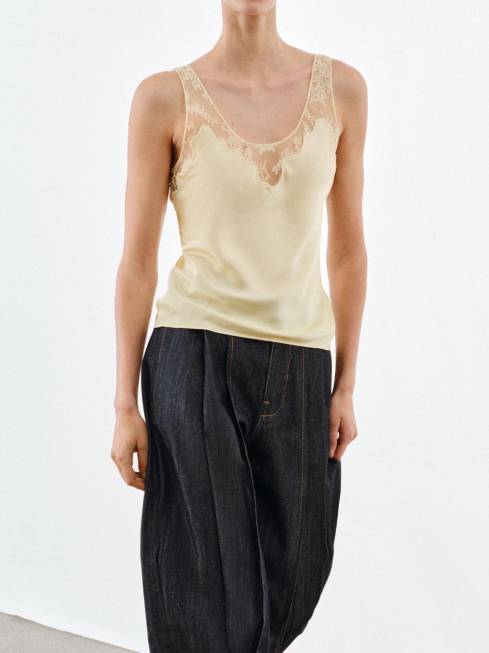 Zara ZW Collection Satin Lace Cami in Yellow Cream Ivory size Small NEW $60